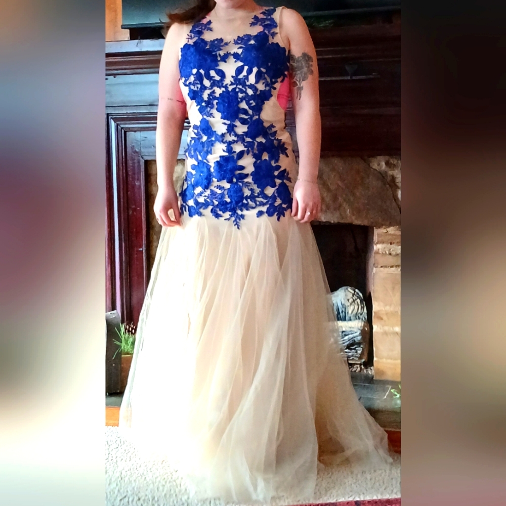 Elegant Blue and Cream Floral Gown